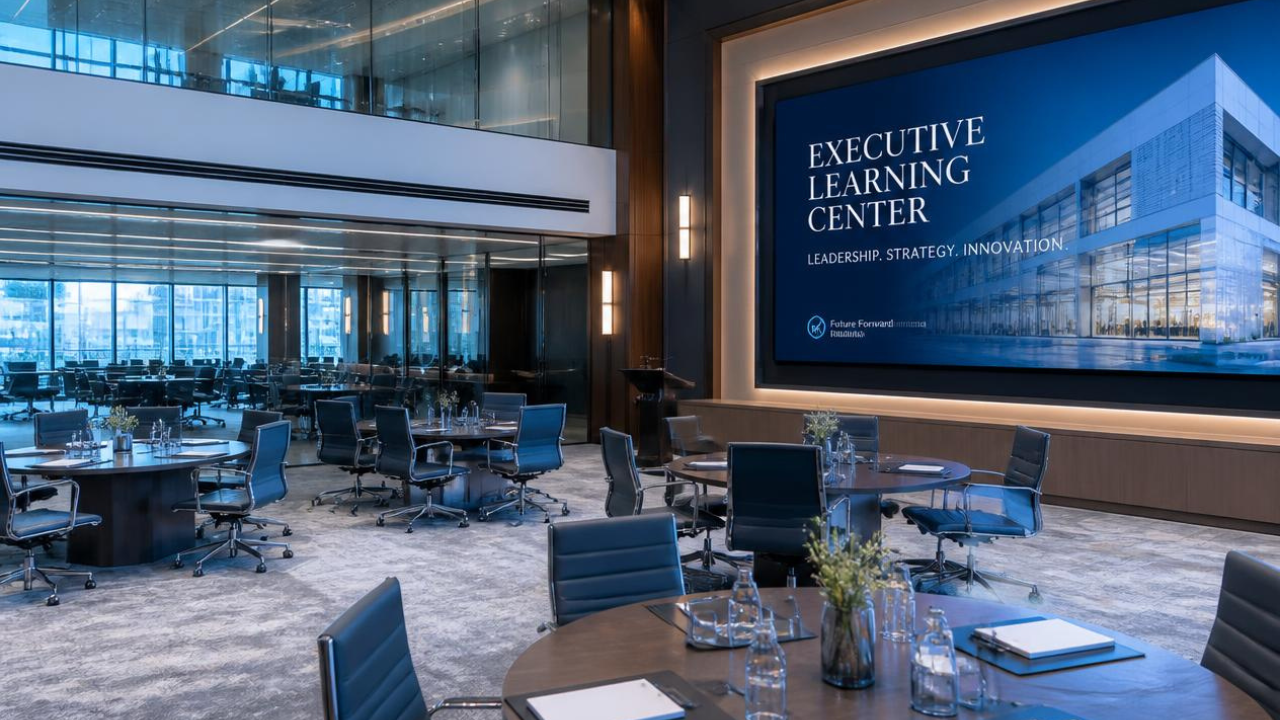 A spacious executive learning center features contemporary round tables surrounded by black leather conference chairs arranged for collaborative workshops. Floor-to-ceiling glass walls overlook additional meeting spaces, while a large digital presentation screen displays the words "Executive Learning Center" above a modern office building. Soft lighting, upscale finishes, and a professional atmosphere create an inviting environment for leadership development, business training, and corporate workshops.