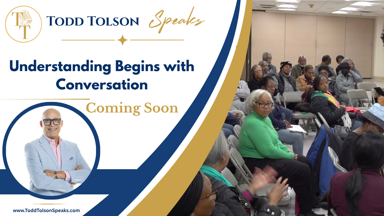 Todd Tolson Speaks thumbnail for "Understanding Begins with Conversation." The image shows attendees seated during an educational presentation at Ebenezer AME Church, highlighting a community discussion about blindness, accessibility, and inclusion. Text reads "Coming Soon."